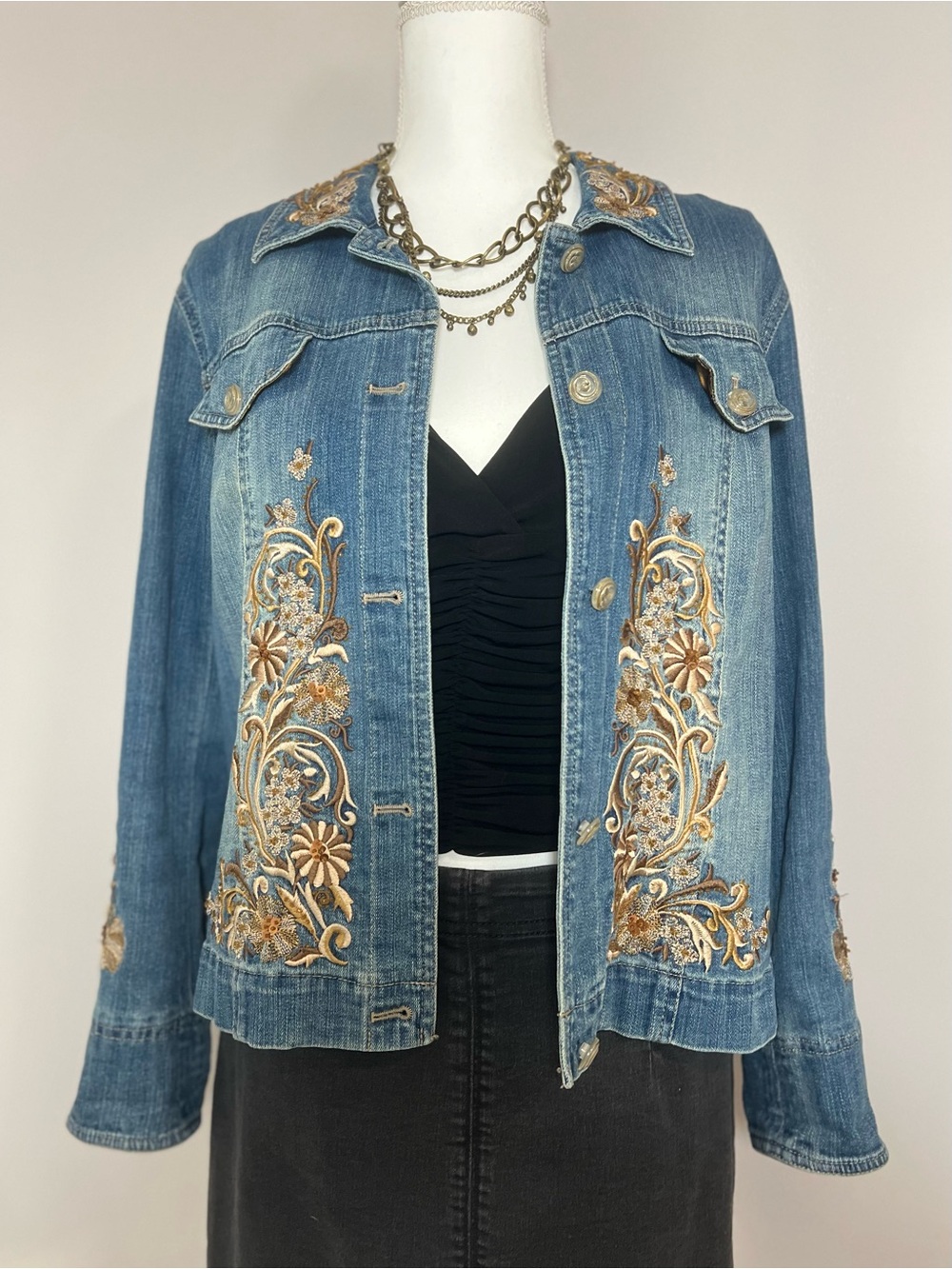 Vintage 90s/Y2K Embroidered Beaded Denim Jean Jacket Boho Floral Gold Brown🌼🤎
